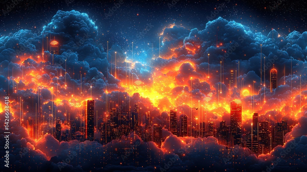 Poster futuristic cityscape emerging from clouds with glowing data streams