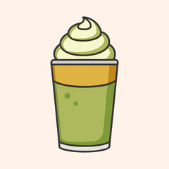 Cartoon illustration of a green matcha drink with whipped cream topping
