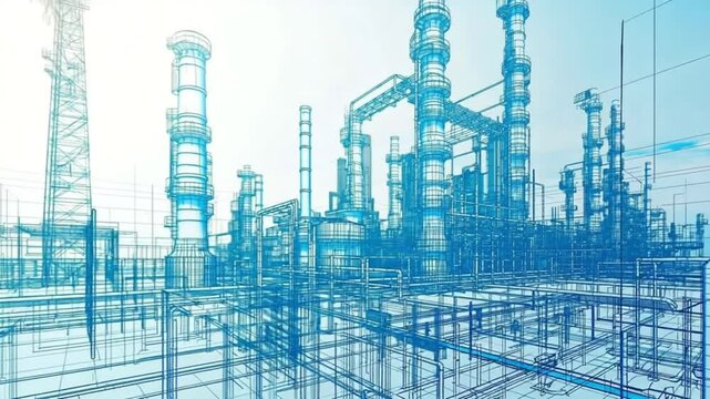 A detailed wireframe model of an industrial plant appears to outline towering towers and complex piping in blue lines. Concept of engineering design and architectural visualization.