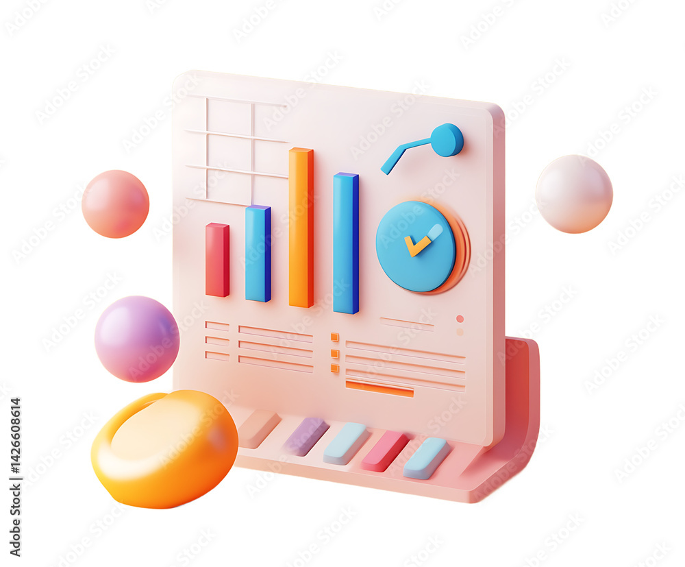 Poster 3d rendered business statistics chart with floating spheres on light background for financial growth