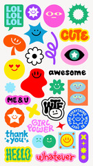Fototapeta premium Colorful sticker set with playful designs Features smiley faces, stars, and words like 'cute', 'awesome', and 'hello' Vibrant and fun stickers for decoration Funky stickers, vector set