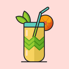 Refreshing summer cocktail illustration with orange slice, mint leaves, and straw