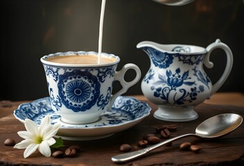 Blue Floral Porcelain Coffee Still Life