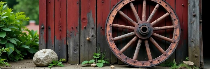 Traditional large wooden wagon wheel with rustic design, circle, classic, age-old