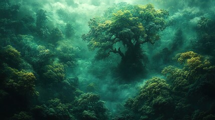 Obraz premium Lush, misty forest scene with towering tree