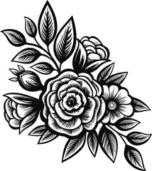 Black and white floral vector illustration features a rose design