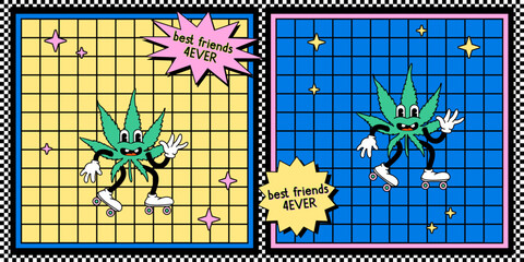 cannabis hemp leaf plant Illustration Design Cartoon Mascot 80s 90s Y2k nostalgic Retro