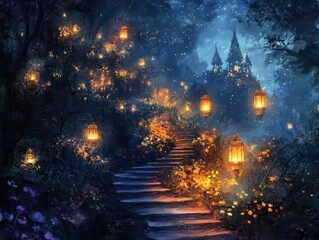 Naklejka premium Enchanted forest path leading to a magical castle at night with glowing lanterns.