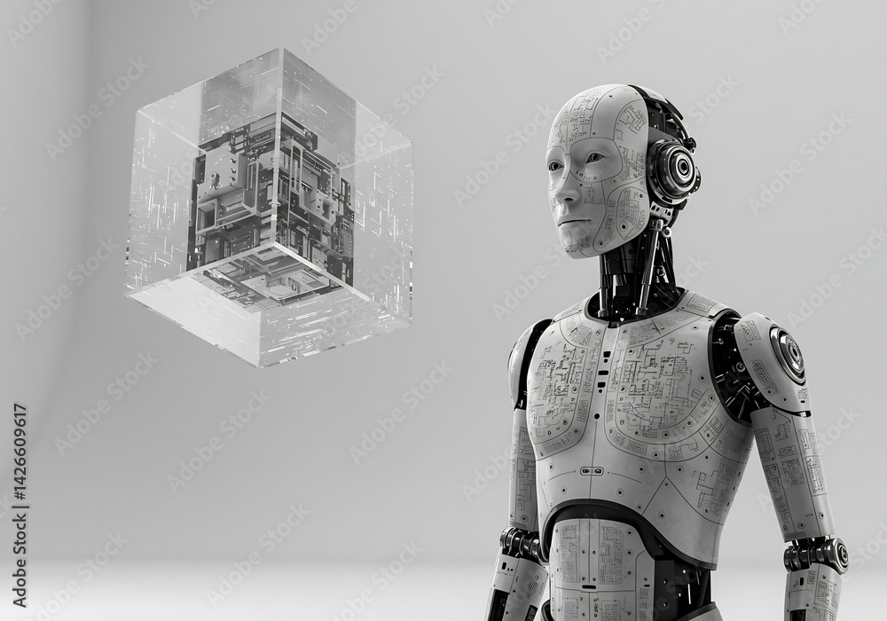 Poster a humanoid robot stands facing a transparent cube with a building inside. the robot's head is tilted