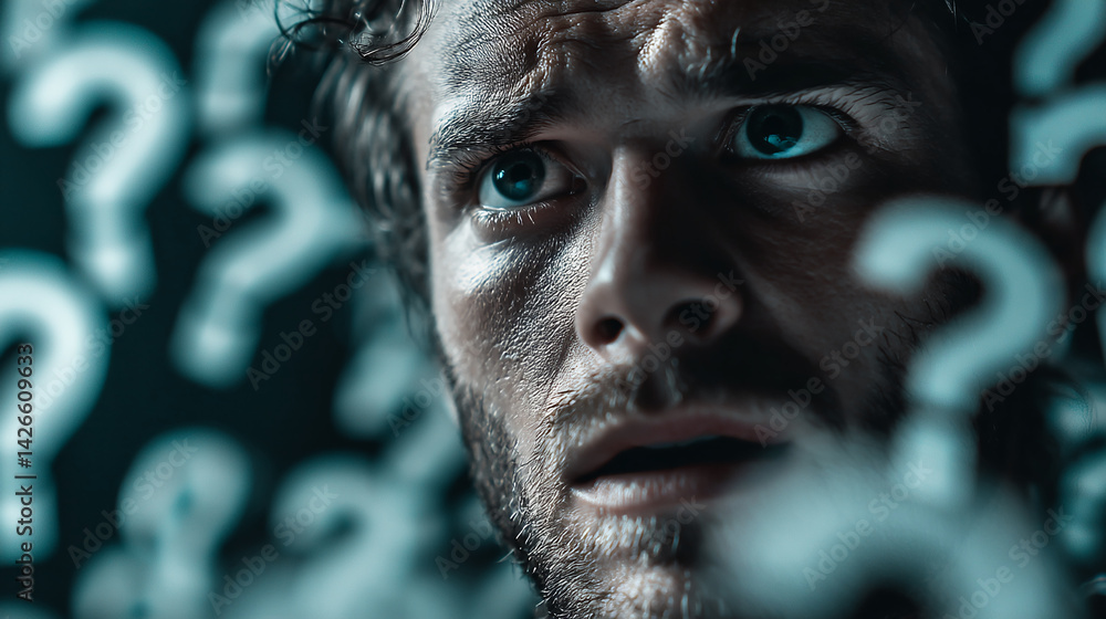 Poster close-up of a man's face, surrounded by blurred question marks, conveying uncertainty and confusion,