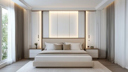 Bedroom, integrated LED wall lights, decorative molding, platform bed, calm layout