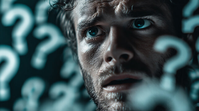 Close-up of a man's face, surrounded by blurred question marks, conveying uncertainty and confusion, ideal for illustrating doubt or questioning concepts