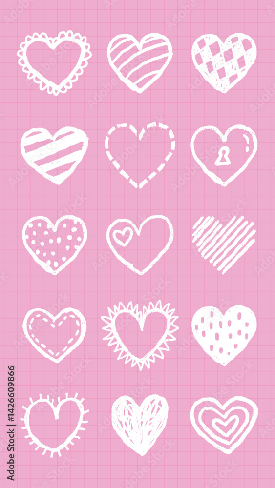 Poster pink background with 15 white heart designs. each heart has a unique pattern, creating a playful and