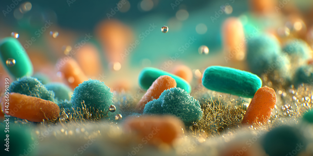 Aufkleber microscopic view of textured teal and orange cells, floating in a golden environment, suggesting a s