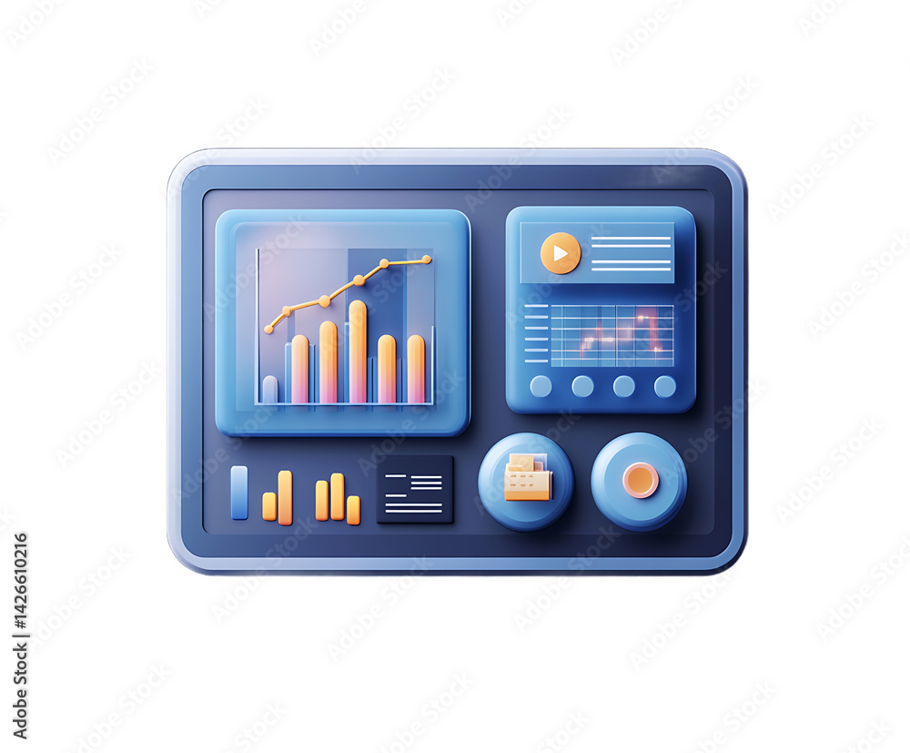 Poster 3d rendered data dashboard with charts, graphs, buttons, and data visualization for business and fin