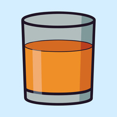 Stylized cartoon image of a glass with orange liquid and light blue background