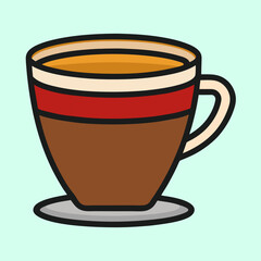 A delightful cup of coffee or tea with a red and beige stripe design sitting on a saucer