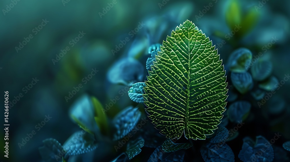 Poster macro close-up detail of a single vibrant green leaf showing intricate texture and veins. soft focus