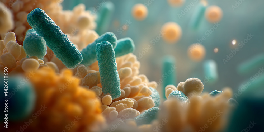 Poster microscopic view of teal and beige bacteria, showcasing intricate textures and forms, representing t