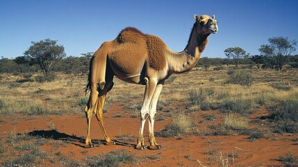 Camel standing outback desert, arid landscape, wildlife photography, travel brochure