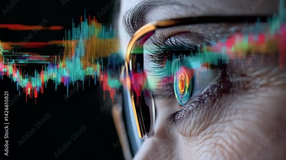 Poster eye of technology: close-up view of a human eye with abstract sound wave patterns and colorful light