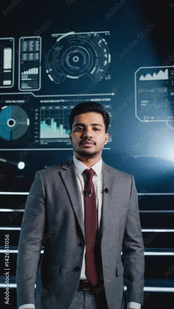 Poster a professional indian man in a grey suit addresses the camera beneath animated dashboard graphics in