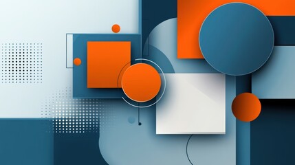 A dynamic abstract composition of geometric shapes in vibrant orange, blue, and white.