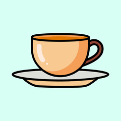 A charming cartoon coffee cup and saucer against a light blue backdrop