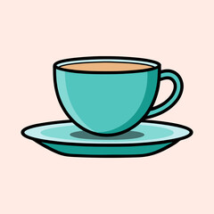 Minimalist teal coffee cup and saucer illustration on a pale pink background