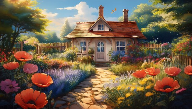 Bl&uuml;hende Idylle: Gartenlaube im farbenfrohen Schrebergarten mit Kiesweg