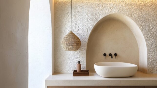 compact powder room, sculptural sink, arched moroccan wall detail, ethnic niche lamp, soft contrast light, textured walls