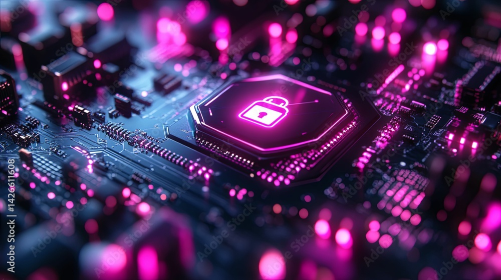 Poster secure digital circuit board with glowing padlock symbol.