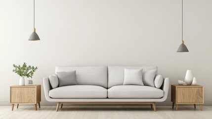 Contemporary scandi interior, light gray sofa, wall matched flush doors, long oak console, ambient indirect lighting, full calm layout