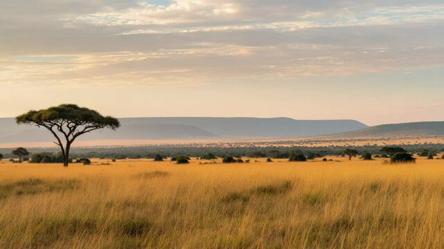 Vast African savanna landscape with lone acacia tree at sunrise