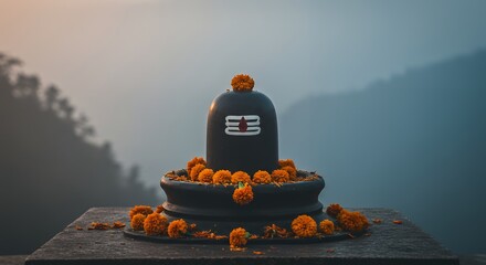Stone Shiva Lingam with Flowers in a Serene Mountain Setting