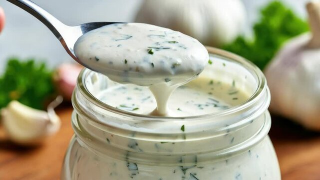 Creamy herb garlic sauce in mason jar with spoon