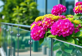 Fototapeta premium Vibrant green hydrangeas in full bloom against a sleek modern glass terrace railing, simple, green hydrangeas