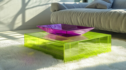 Layered acrylic coffee table in translucent lime green and deep magenta, geometric shapes