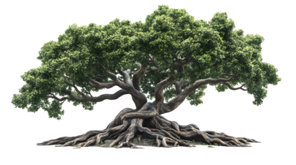 ancient tree with twisted roots and wide canopy, isolated on white, symbol of resilience and growth