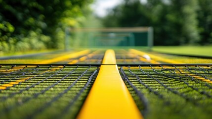 Vivid yellow lines on a sports net stretching into the distance, symbolizing precision and focus. Perfect for sports equipment ads, training programs, and athletic performance visuals.