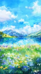 Naklejka premium Lake landscape flower beautiful painting.