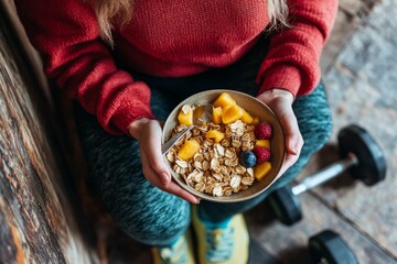 In the kitchen of her home, a woman who is physically fit eats a bowl of muesli with fruit, sitting on the floor