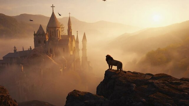 A regal lion atop a rocky precipice overlooks a distant basilica bathed in dawn light. Concept of nobility and spiritual landscape.