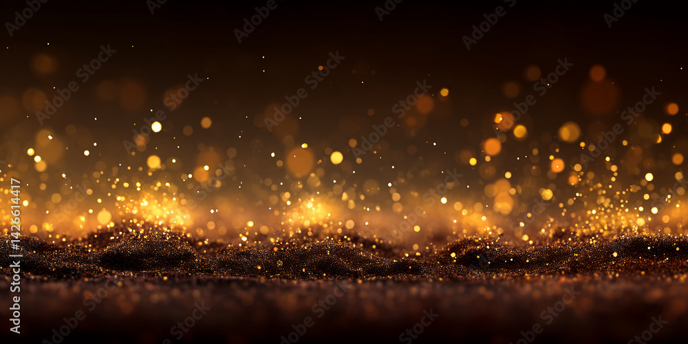 Poster dark background with golden glitter texture and bokeh lights, creating a luxurious and festive atmos