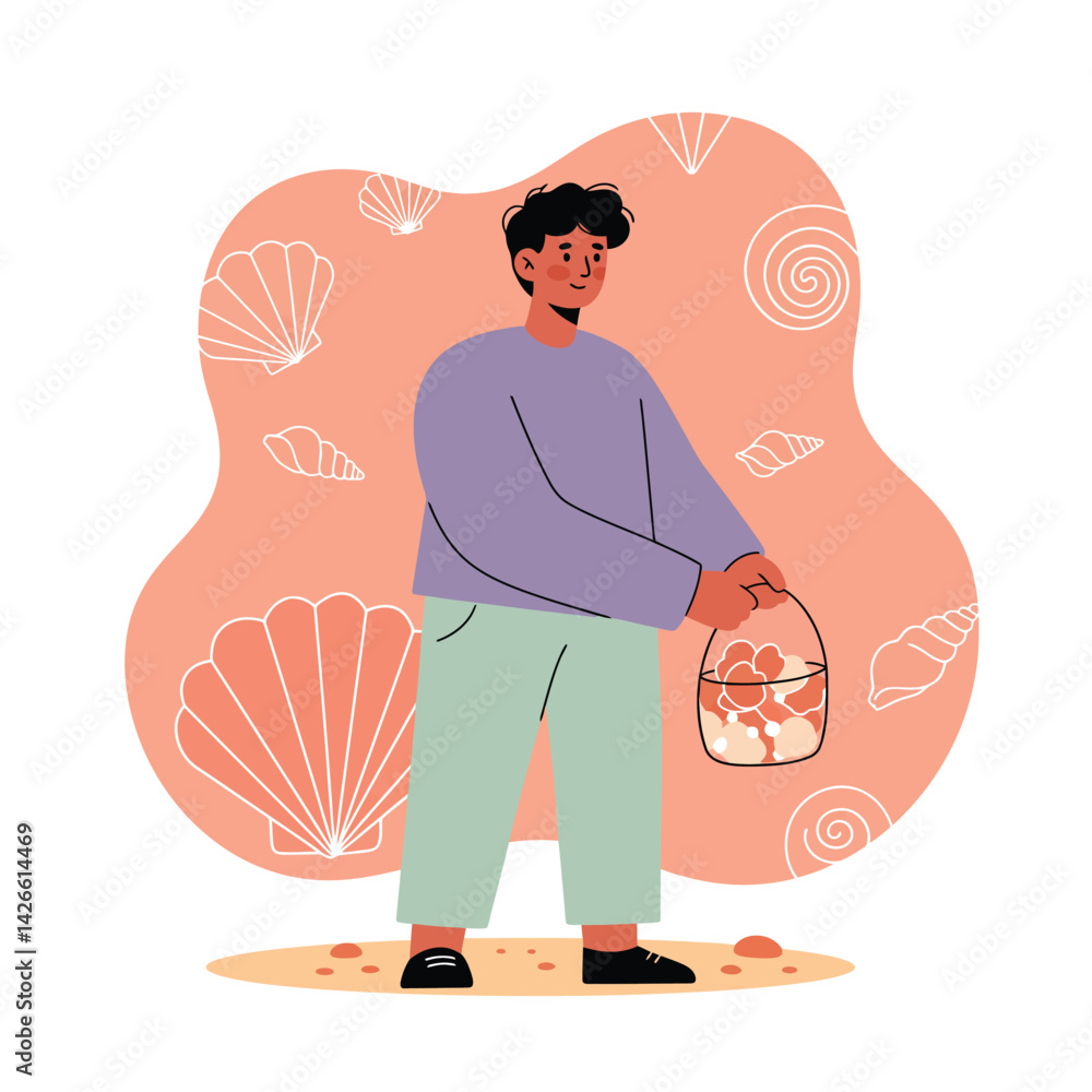 Aufkleber young man collecting seashells in bucket on sandy beach with shell pattern background vector illustr