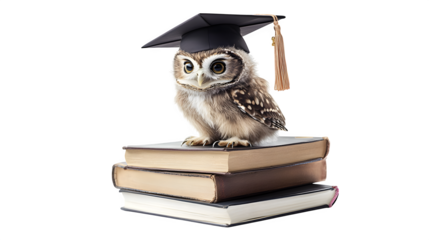 baby owl with graduation cap, perched on stack of books, education theme, isolated on white