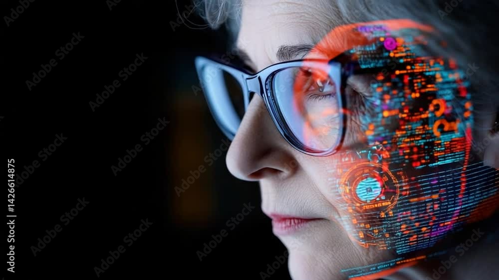 Poster close-up portrait of a female professional analyzing data with futuristic digital interface visuals 