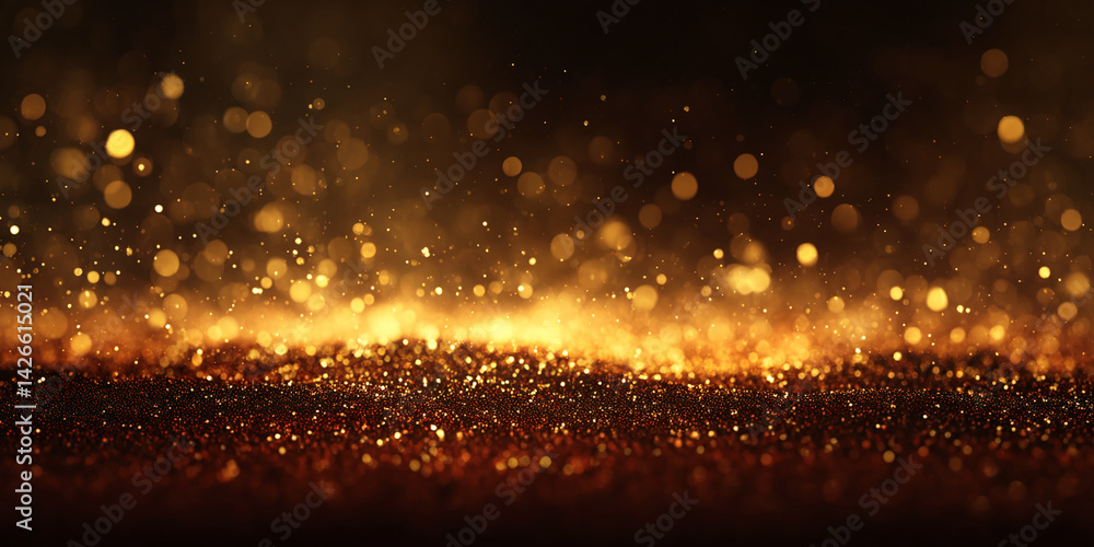 Poster Golden glitter texture with bokeh lights, creating a sparkling and luxurious background, ideal for celebratory or elegant designs, showcasing shimmer and shine