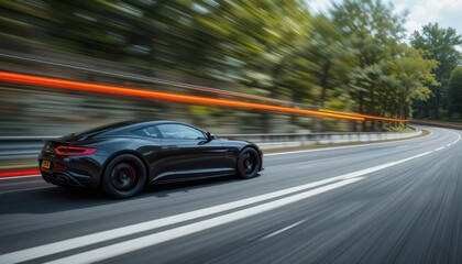 Car Moving Fast on Curving Road with Motion Blur and Light Trails