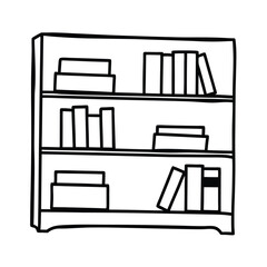 Simple black and white outline drawing of a bookshelf with books on shelves